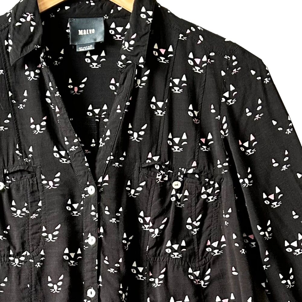 Maeve Anthropologie Long Sleeve Top Women's Size 4 Clever Cat Print Black Rayon